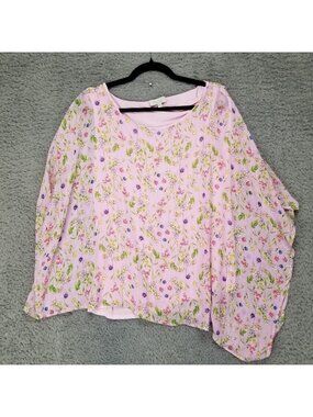 Status Top Womens 2X Pink Floral Sheer Layered Kaftan Sleeve Blouse